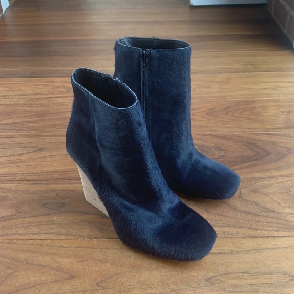 Vic Matie Navy Blue Ankle Booties with Wood Wedge Heel